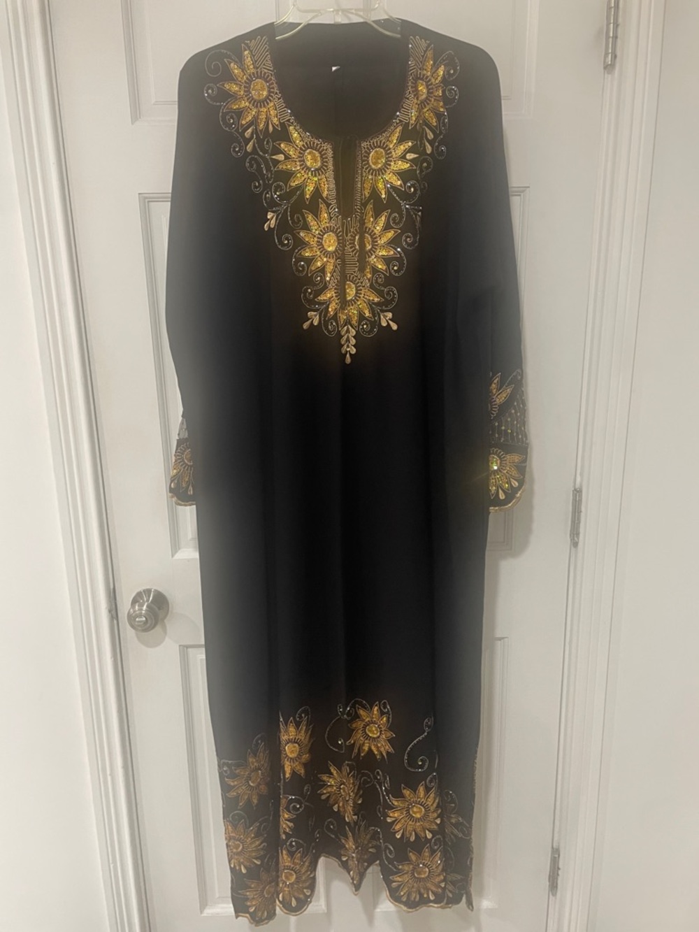 Black Maxi Dress with Gold Floral Embroidery with head-cover or wrap
